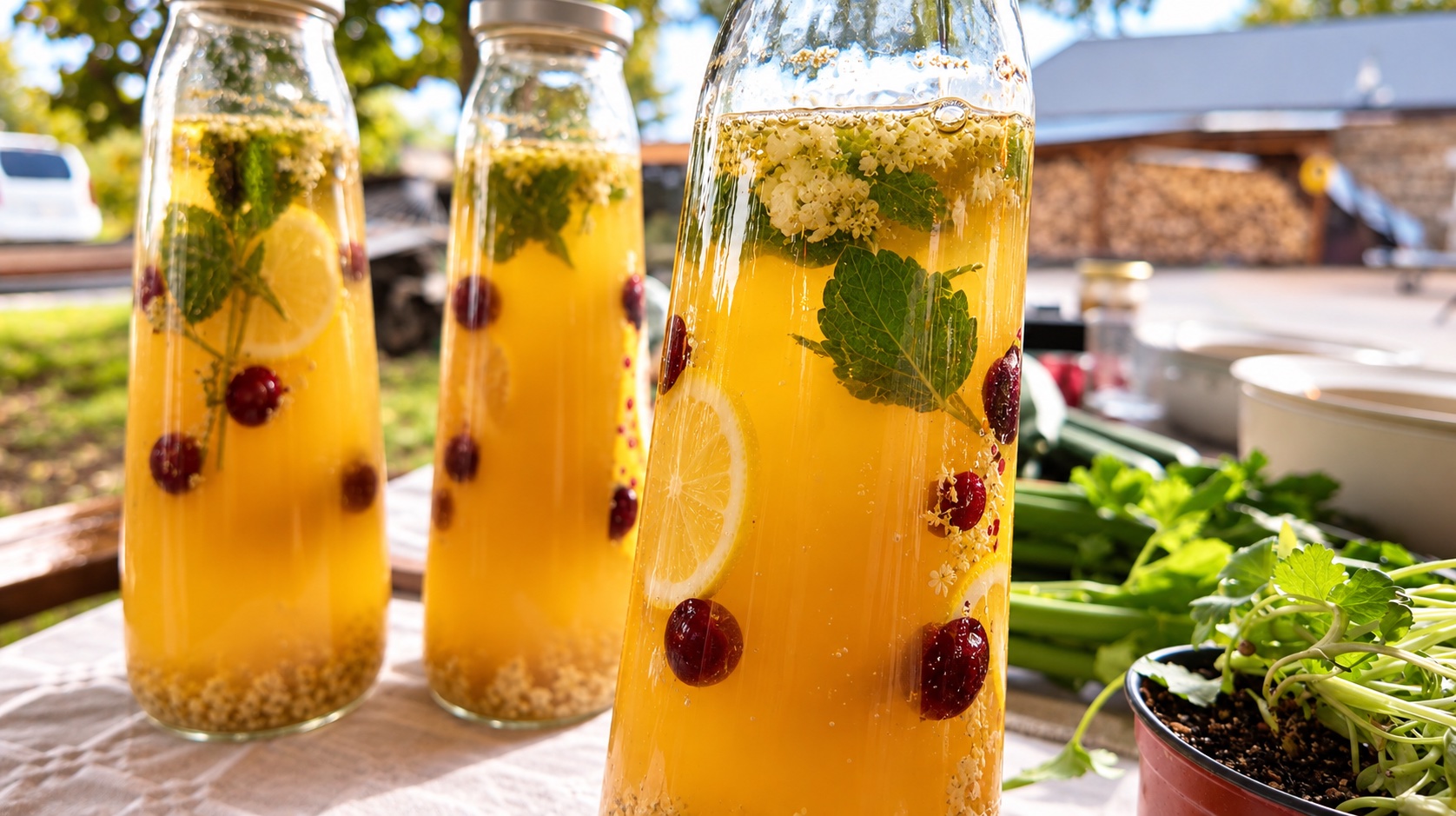 Boissons fermentées maison aux fruits, fleurs et plantes aromatiques